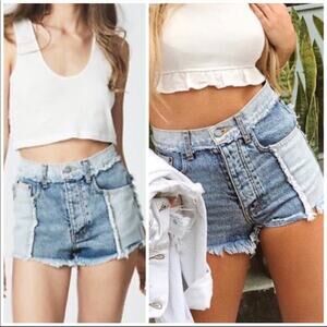 LF Carmar Titania Spliced Frayed Denim Shorts High Waisted Blue Size 28